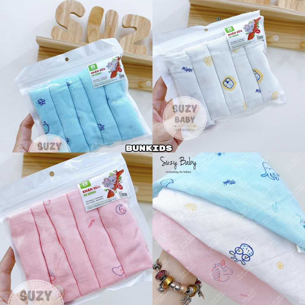 Set 5 Khăn sữa MIPBI 2 lớp cotton in hình 30x30cm 100% vải cotton không xù không bai Việt Nam