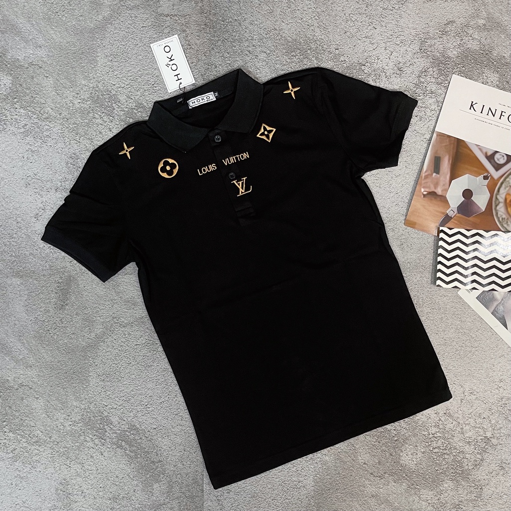 Áo thun polo nam tay ngắn cổ bẻ thêu LV vải cotton dày dặn co dãn tốt mẫu mới cao cấp