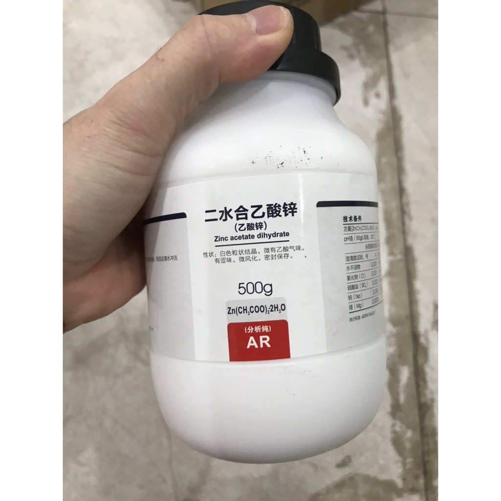 Kẽm acetat Zinc acetate dihydrate Xylong CAS 5970-45-6 C4H6O4Zn lọ 500g Zn(CH3COOH)2