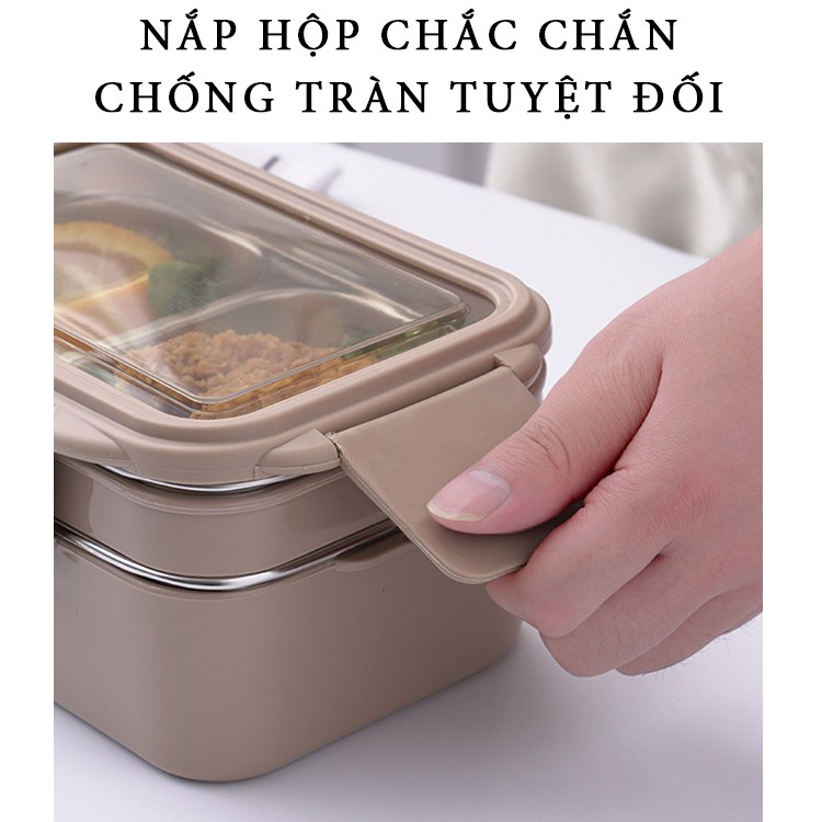 Hộp cơm văn phòng 2 tầng 3 ngăn inox 304 giữ nhiệt tiện dụng, gọn nhẹ, đựng được nhiều thức ăn - Tặng đũa thìa