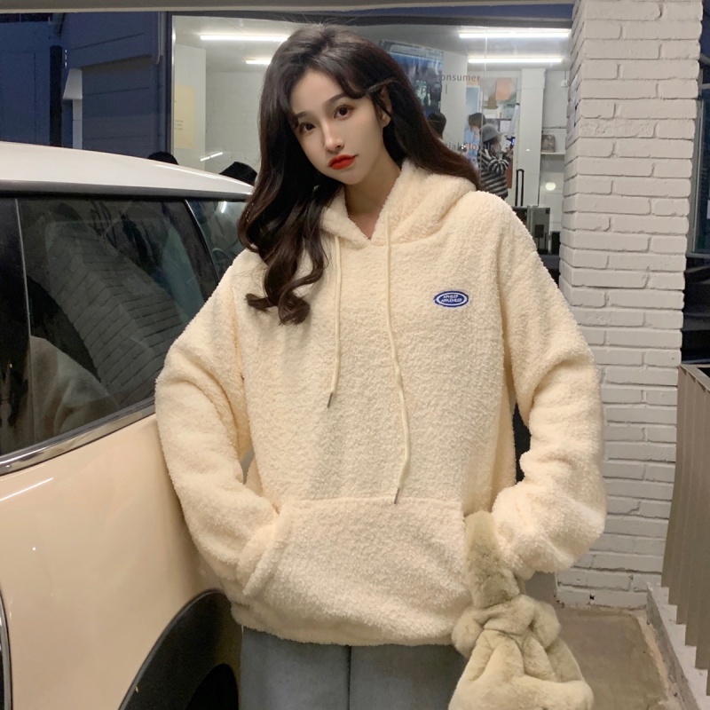 Áo hoodie tay dài dáng rộng vải nhung phong cách thời trang Hàn Quốc dễ phối đồ