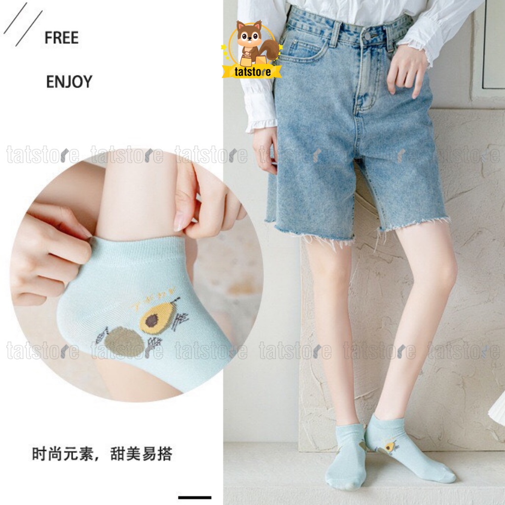 Bít tất nữ cổ ngắn Hàn Quốc cute màu xanh họa tiết trái bơ vải mềm mịn TẤT STORE 2CNF19