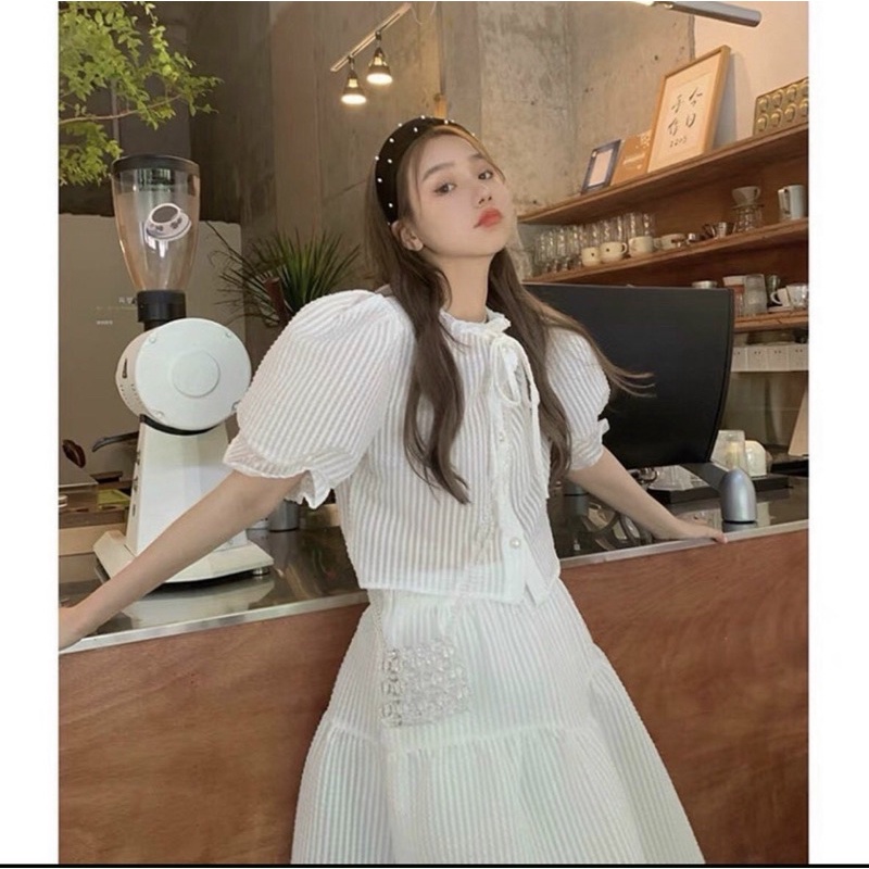 Đầm dự tiệc 🌷Set váy trắng kèm áo sơ mi tay phồng màu trắng