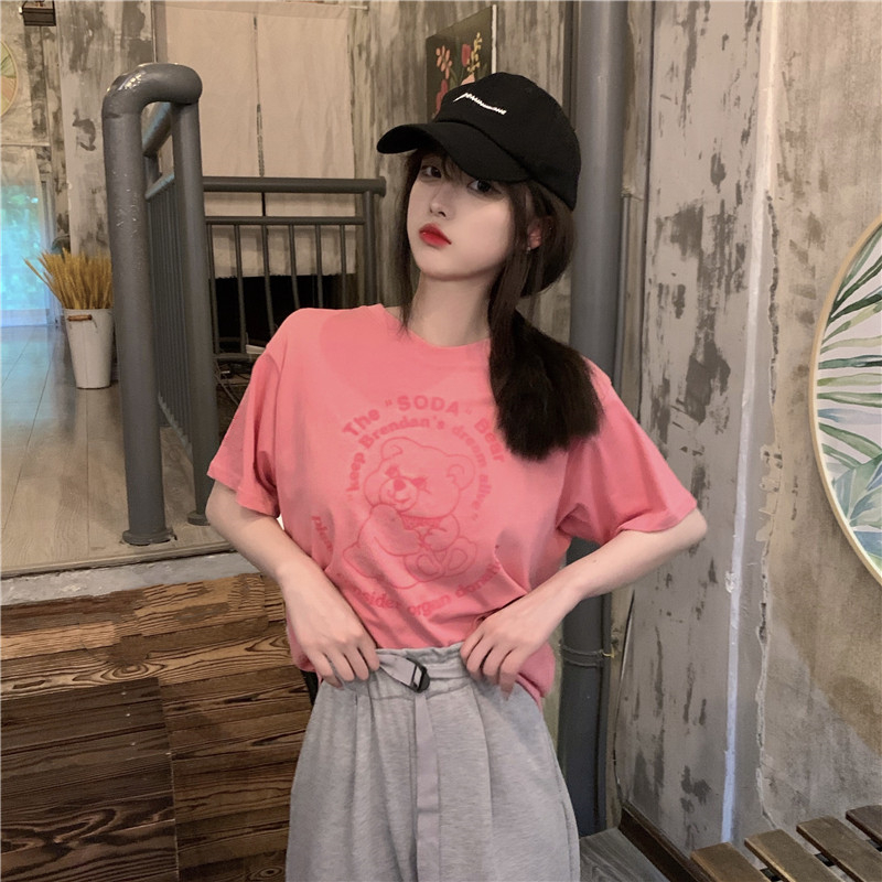 Áo thun ngắn tay dáng rộng in hình gấu thiết kế thời trang cá tính cho nữ