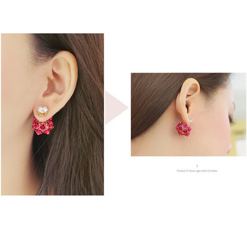 Đôi bông tai hai chiều mặt hình hoa hồng đính hạt kim cương dành cho nữ
