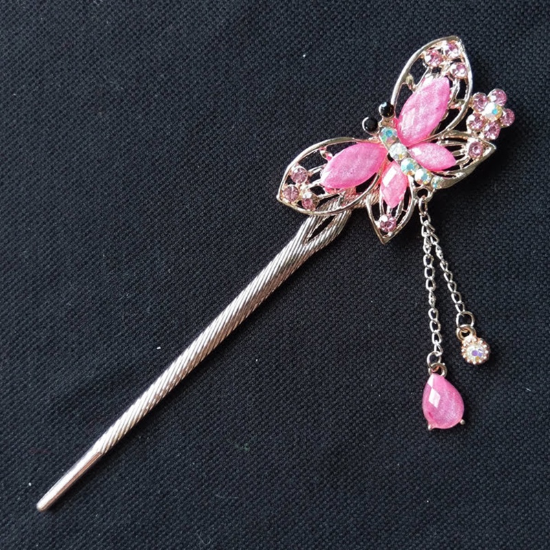 Trâm cài tóc đính đá họa tiết bươm bướm tua rua vintage