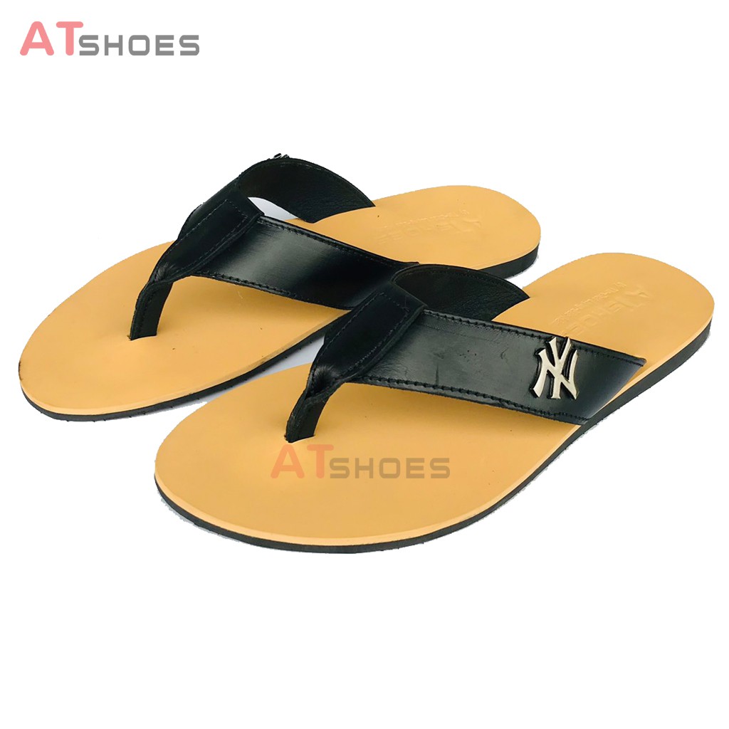 Dép Kẹp Nam Da Bò Dép Xỏ Ngón Cao Cấp Chống Nước Atshoes (Đen Nâu Vàng) XNAT01