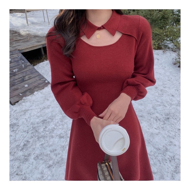 Váy Len Dài Tay Ngực Khoét Cổ Đức Chun Eo co Giãn Thoái Mái | BigBuy360 - bigbuy360.vn