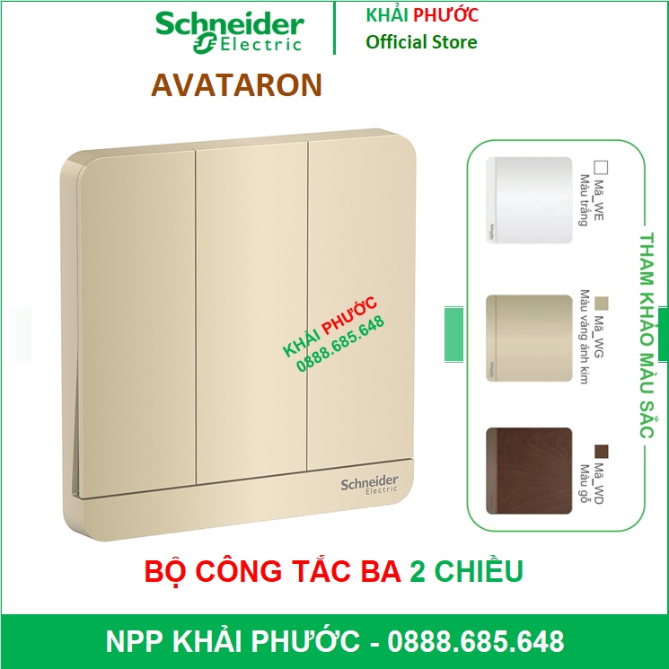 BỘ CÔNG TẮC ĐÈN 3 BA 2 CHIỀU 16A AVATARON VUÔNG SCHNEIDER E8333L2LED_WE_G19 E8333L2LED_WG_G19 E8333L
