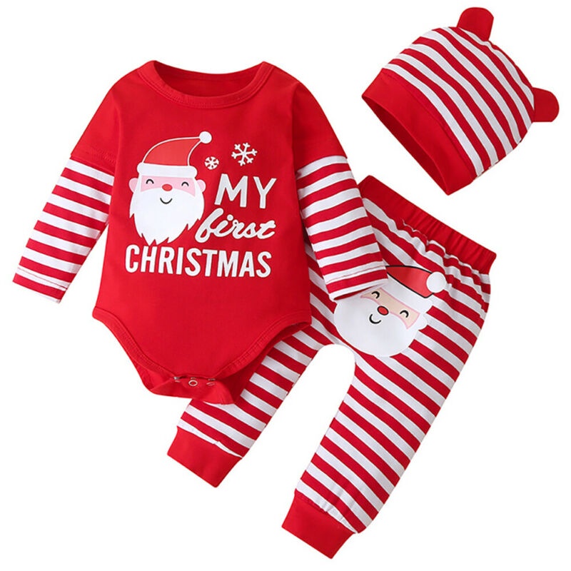 Bộ Áo Liền Quần Tay Dài Kẻ Sọc + Quần Dài + Nón Giáng Sinh Cho Bé Trai / Gái