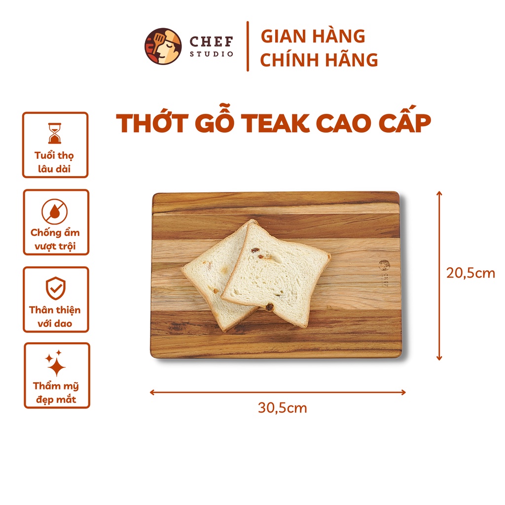 Thớt gỗ Teak Chef Studio cao cấp hình chữ nhật trơn,  dày 1.4 cm dùng cho cắt thái trang trí