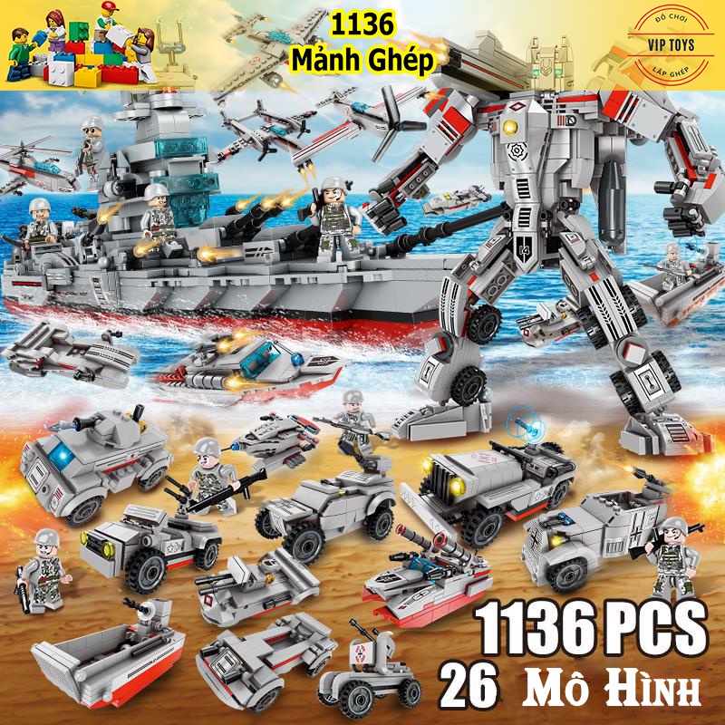1136 Mảnh - Bộ Đồ Chơi Lắp Ghép Mô Hình LEGO Tàu Chiến Hạm, Đồ Chơi Lắp Ráp Mô Hình xe Swat, Xe Tăng, Máy bay