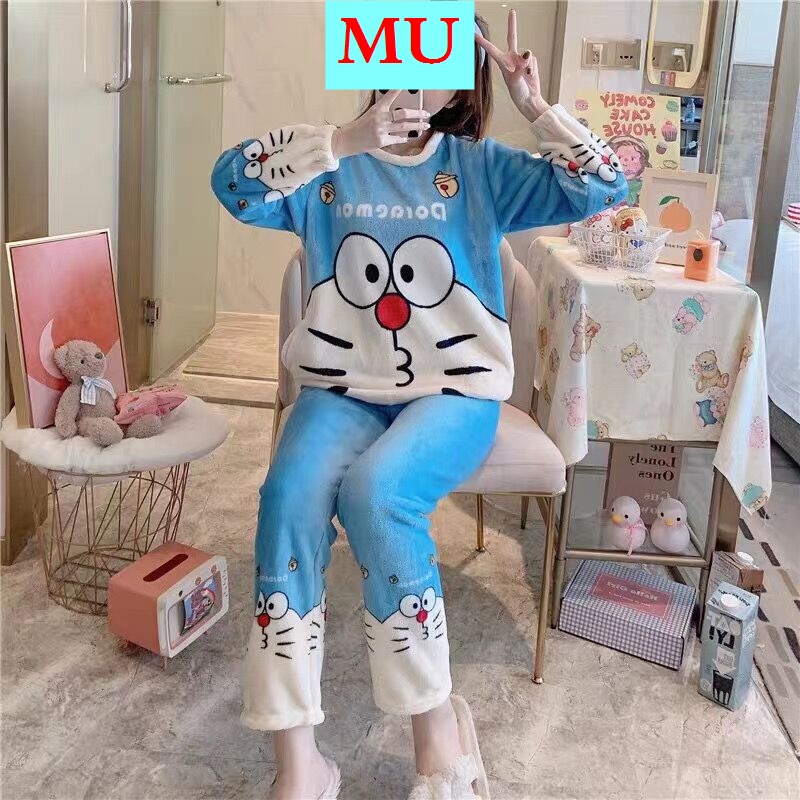 Bộ đồ ngủ lông cừu san hô flannel nhung họa tiết mèo máy đeo chuông Doraemon xanh dương thời trang thu đông dành cho nữ