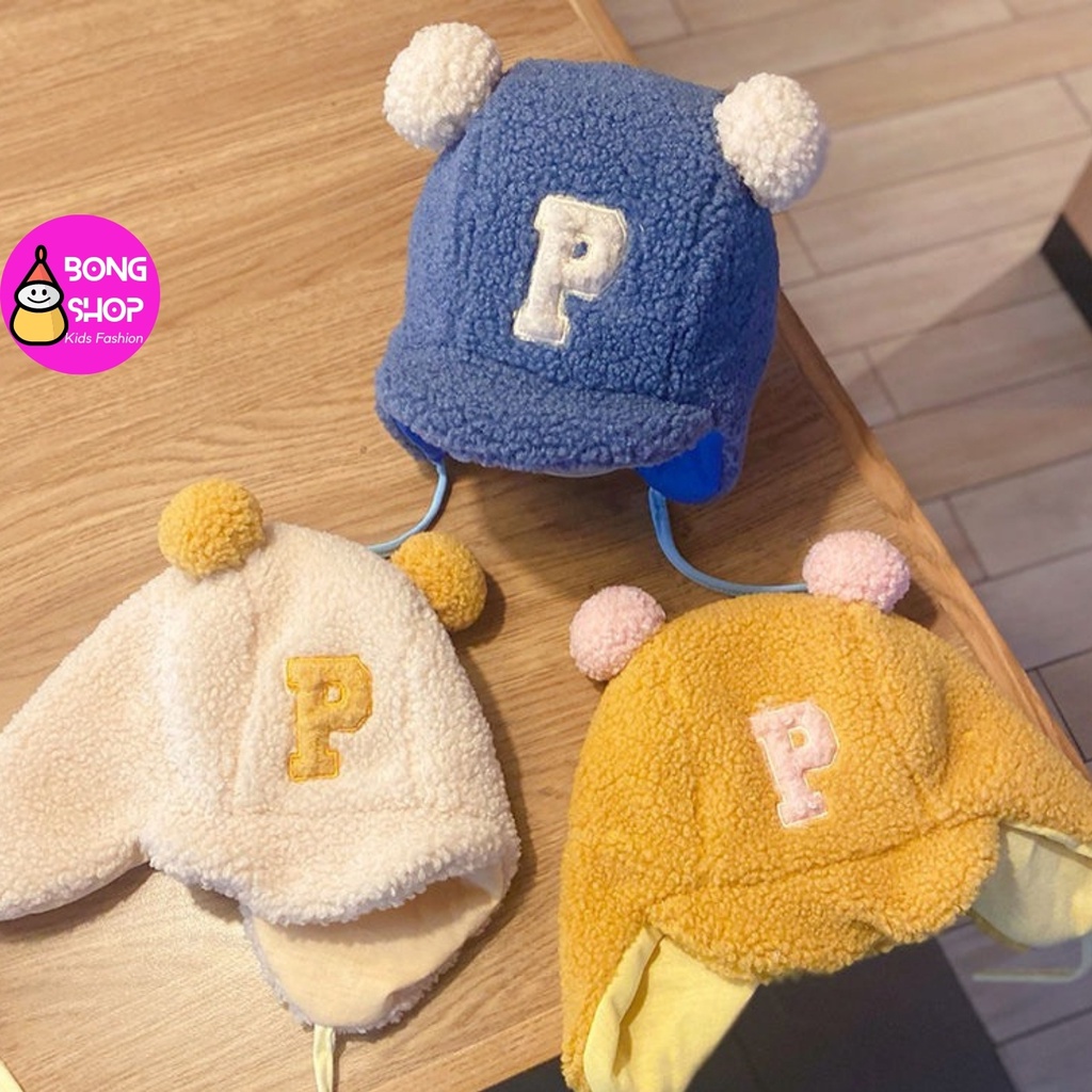 Mũ lông cừu cho bé kèm dây buộc thêu chữ P cho bé 1-3T