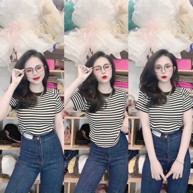 Áo thun sọc cổ tròn chuẩn phôm tôn dáng sang chảnh PC