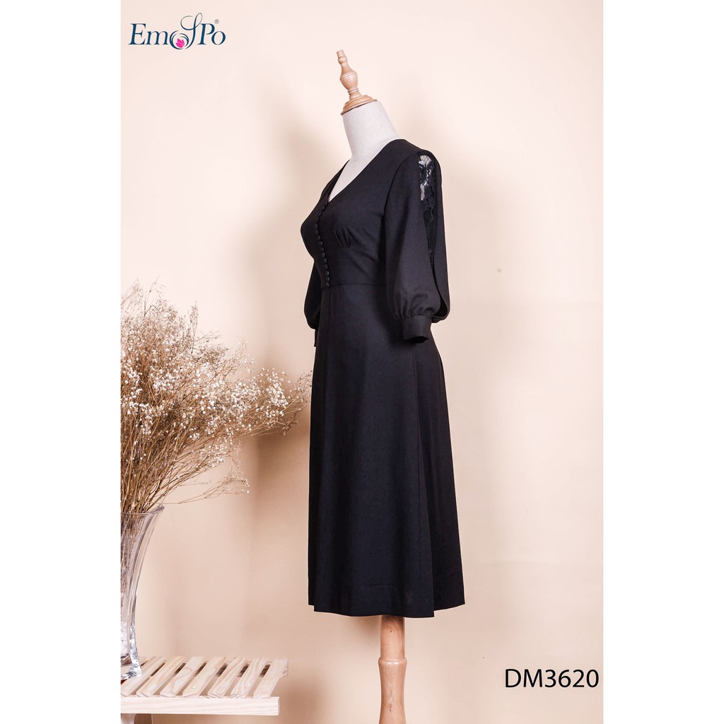 Đầm cổ V, tay bồng, dáng xòe DM3620 Emspo (Bên Phải) (Đen, Đỏ)