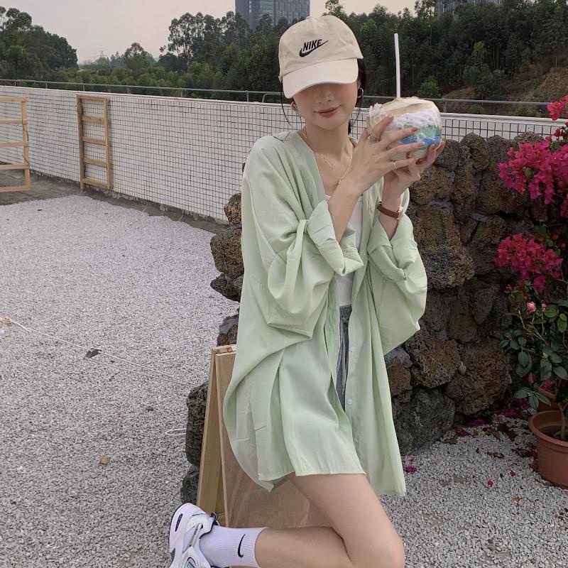 Áo Sơ Mi Vải Lụa Lạnh Mỏng Tay Dài Dáng Rộng Chống Nắng Thời Trang Mùa Hè Cho Nữ