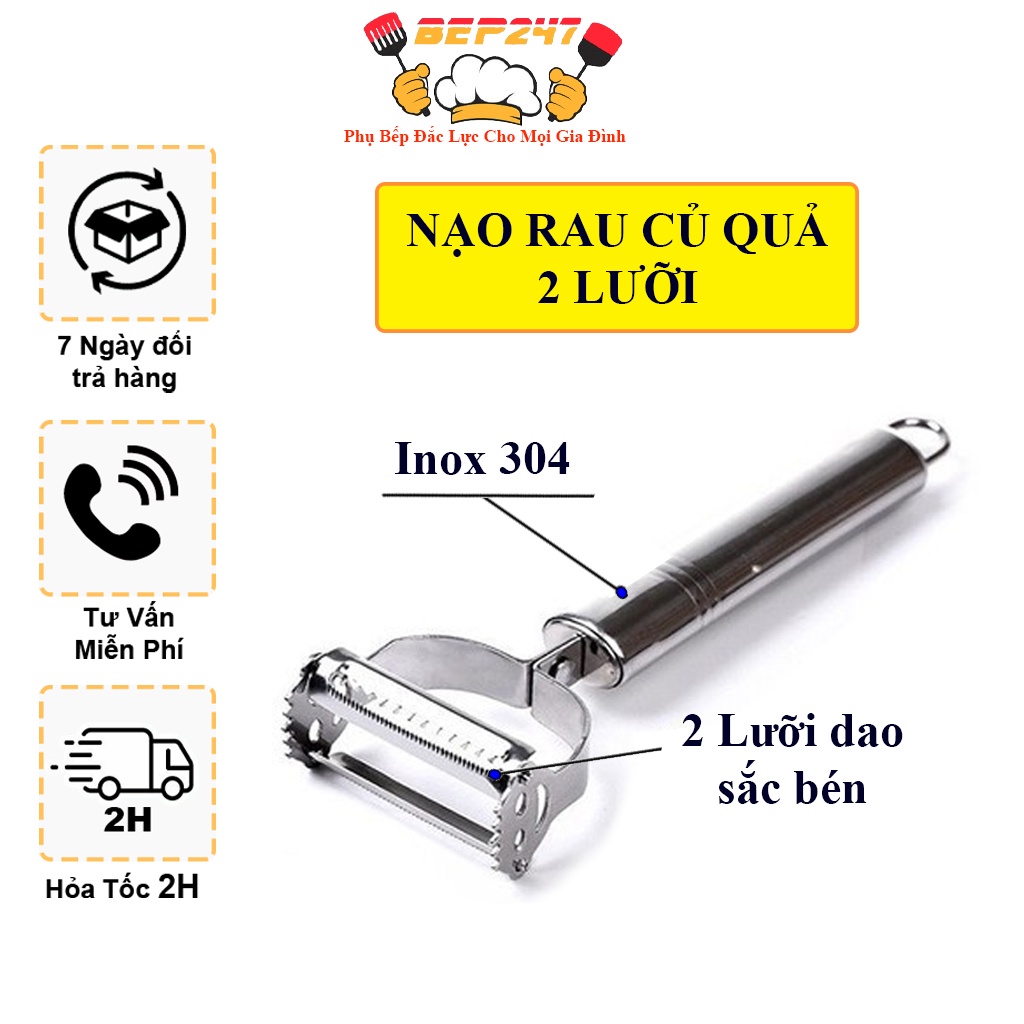 Nạo Gọt rau Củ Quả Inox, Loại 2 Lưỡi Dao Siêu Sắc Bén - Bào Nhỏ Sợi Đa Năng, Chống Han Gỉ, Đảm Bảo An Toàn