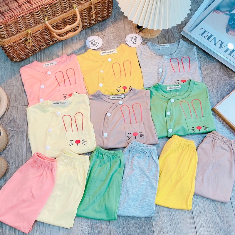 Bộ quần áo dài sơ sinh mùa hè điều hoà cúc cài lệch vải thun lạnh sài gòn Minky mom quần đáp đũng đóng bỉm cho bé
