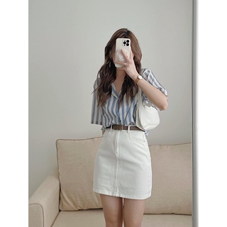 Áo sơ mi nữ kẻ sọc cộc tay chất thô đũi mềm mát