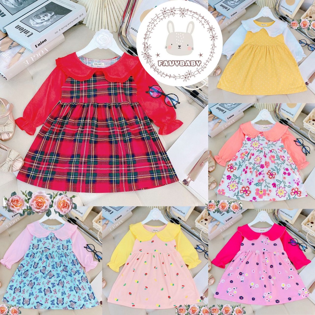 Váy Đầm Bé Gái MINKY MOM Chính Hãng COTTON Tay Dài Phối Cổ Lá Sen Đáng Yêu Hoa Văn Cute Bé 0 1 2 3 4 5 Tuổi - Favybaby