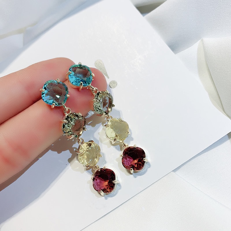 PINKDUDU Bông Tai Dáng Dài Hình Tròn Đính Pha Lê Nhiều Màu Thời Trang Phong Cách Bohemian Cho Nữ PD400