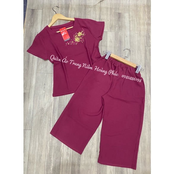 Đồ bộ trung niên đũi áo cộc quần lửng ống rộng bigsize cho bà cho mẹ đẹp thêu hoa vi tính đủ màu mặc mùa hè mát