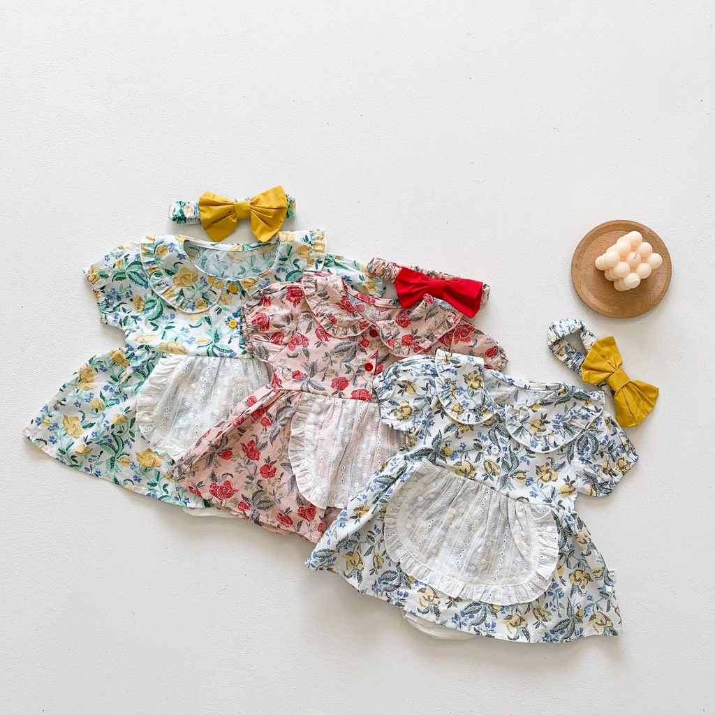 Bộ áo liền quần tay ngắn hoạ tiết hoa + băng đô cài tóc xinh xắn dành cho bé