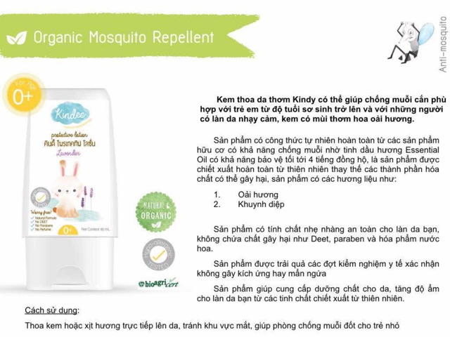 Kem thoa chống muỗi và côn trùng Kindee Mosquito Repellent 0+ Thái Lan 100% organic, dùng được cho bé từ 0 tháng tuổi.