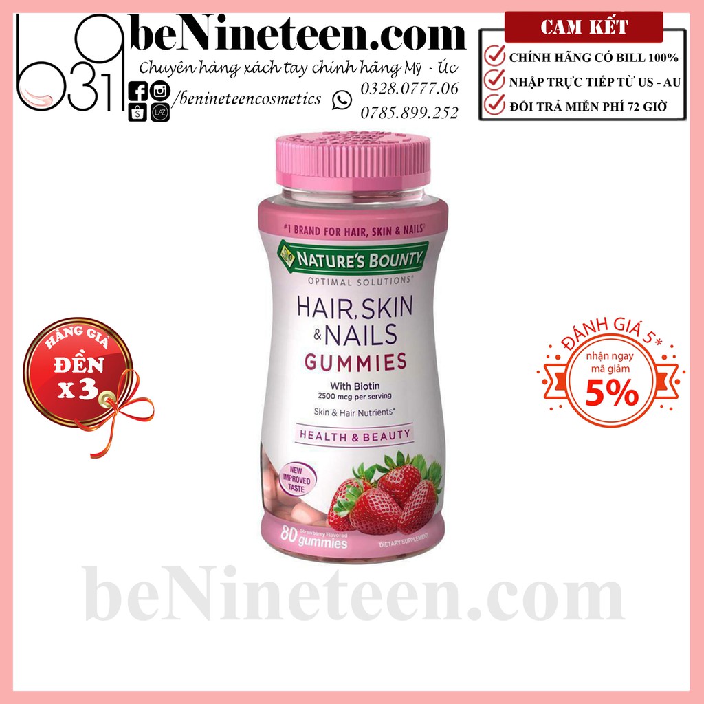 Kẹo Dẻo Nature's Bounty Hair, Skin & Nails Gummies Làm Đẹp Da, Tóc [BeNineteen Cosmetics]