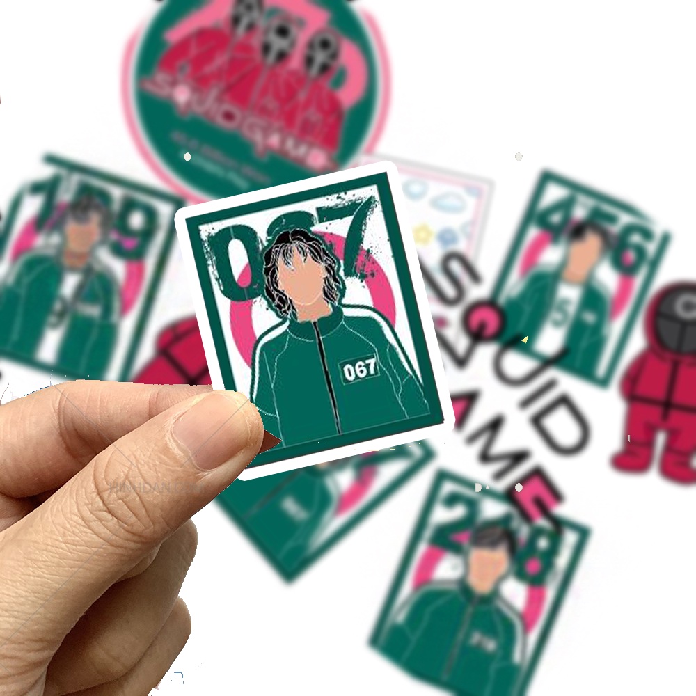 Bộ 13 hình dán sticker Squid Game, hình dán pvc chống nước, hình dán laptop, hình dán xe