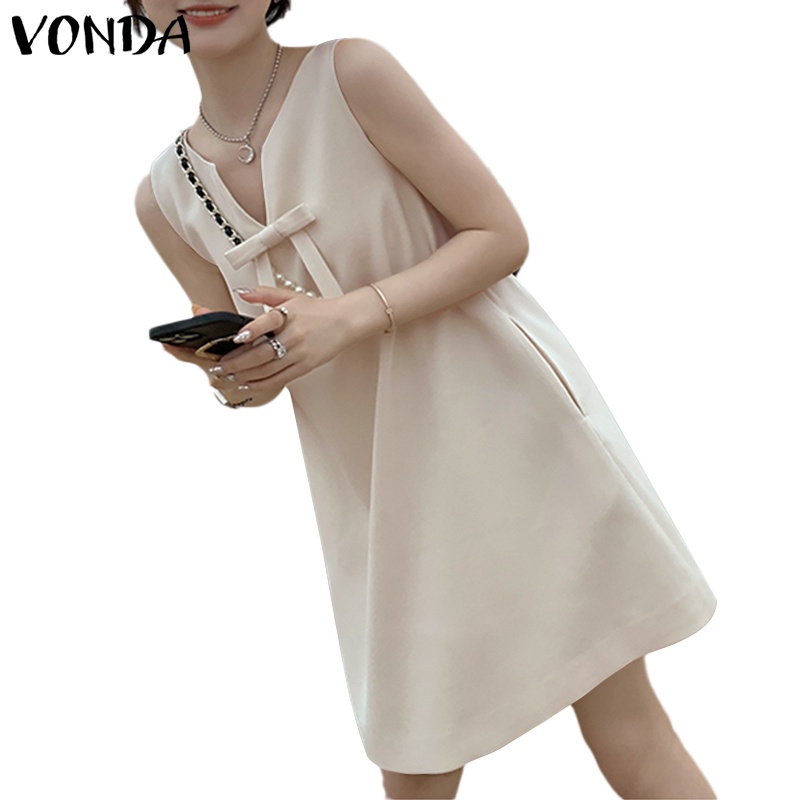 Đầm VONDA dáng chữ A không tay màu trơn phong cách Hàn Quốc thời trang mùa hè dành cho nữ 

