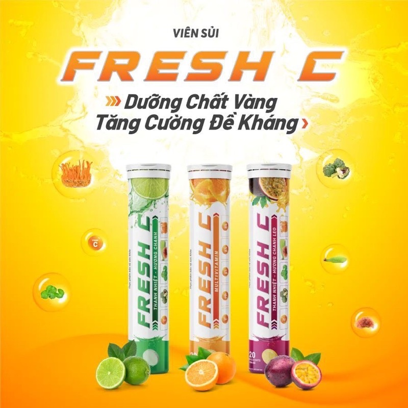 Viên sủi FRESH - C (tuýp 20 viên) Hương Cam, Hương Chanh, Hương Chanh Leo giúp Thanh nhiệt, Tăng đề kháng cho cơ thể