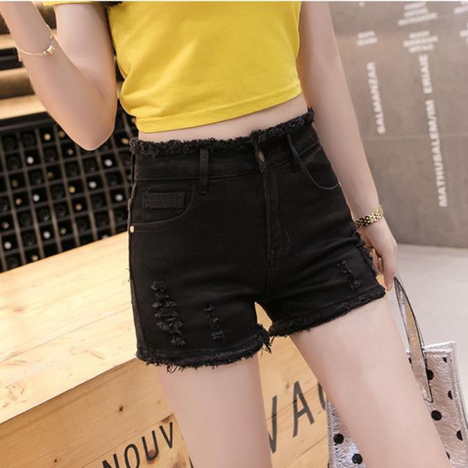 Quần jean✘⊕Thun ôm lưng trung mùa hè co giãn cao Quần short denim nữ màu trắng hot với viền thô và lỗ đen  ྇