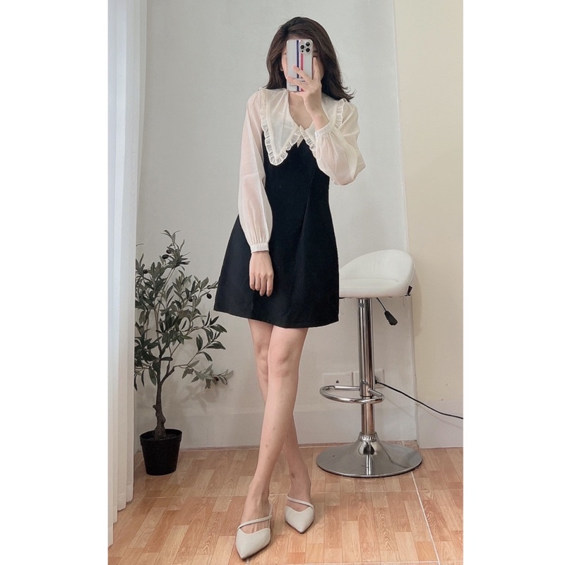 Váy phối tay voan 2 màu cổ bèo