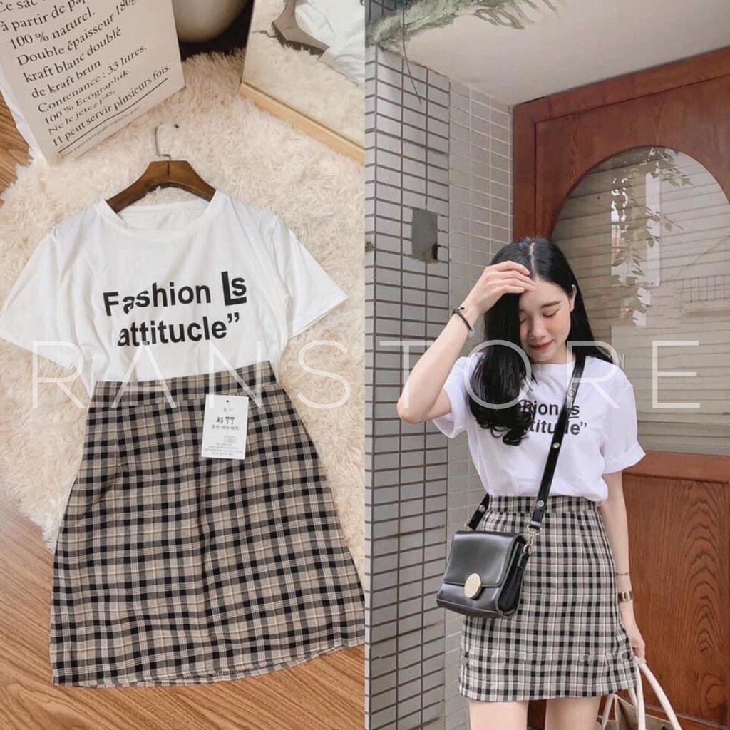 set áo thun nữ cộc tay FASHION phối chân váy kẻ ulzzang dáng ngắn/ Set bộ hè áo thun tay lỡ dáng rộng kèm chân váy chữ A