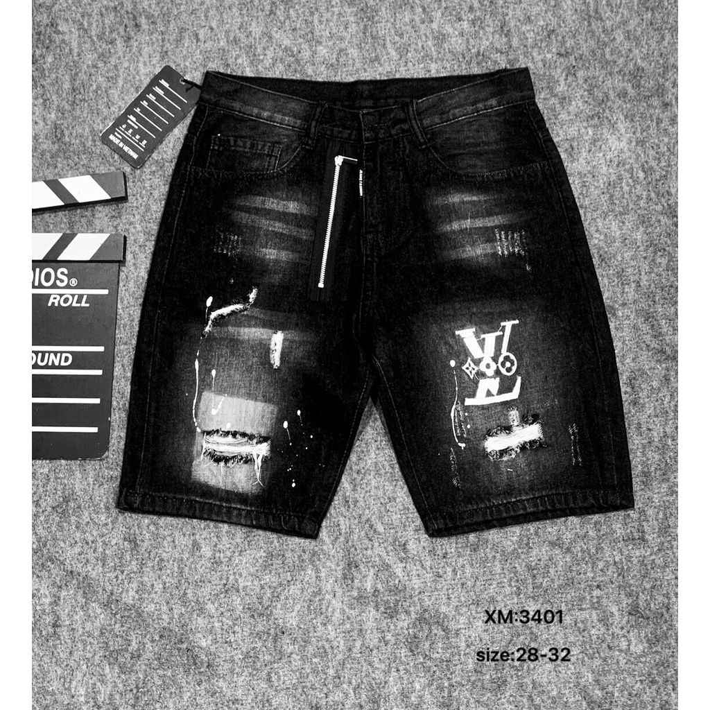 Quần short jean nam đen rách chất bò cao cấp co dãn vải dày thuê họa tiết chữ mẫu mã đẹp trẻ trung