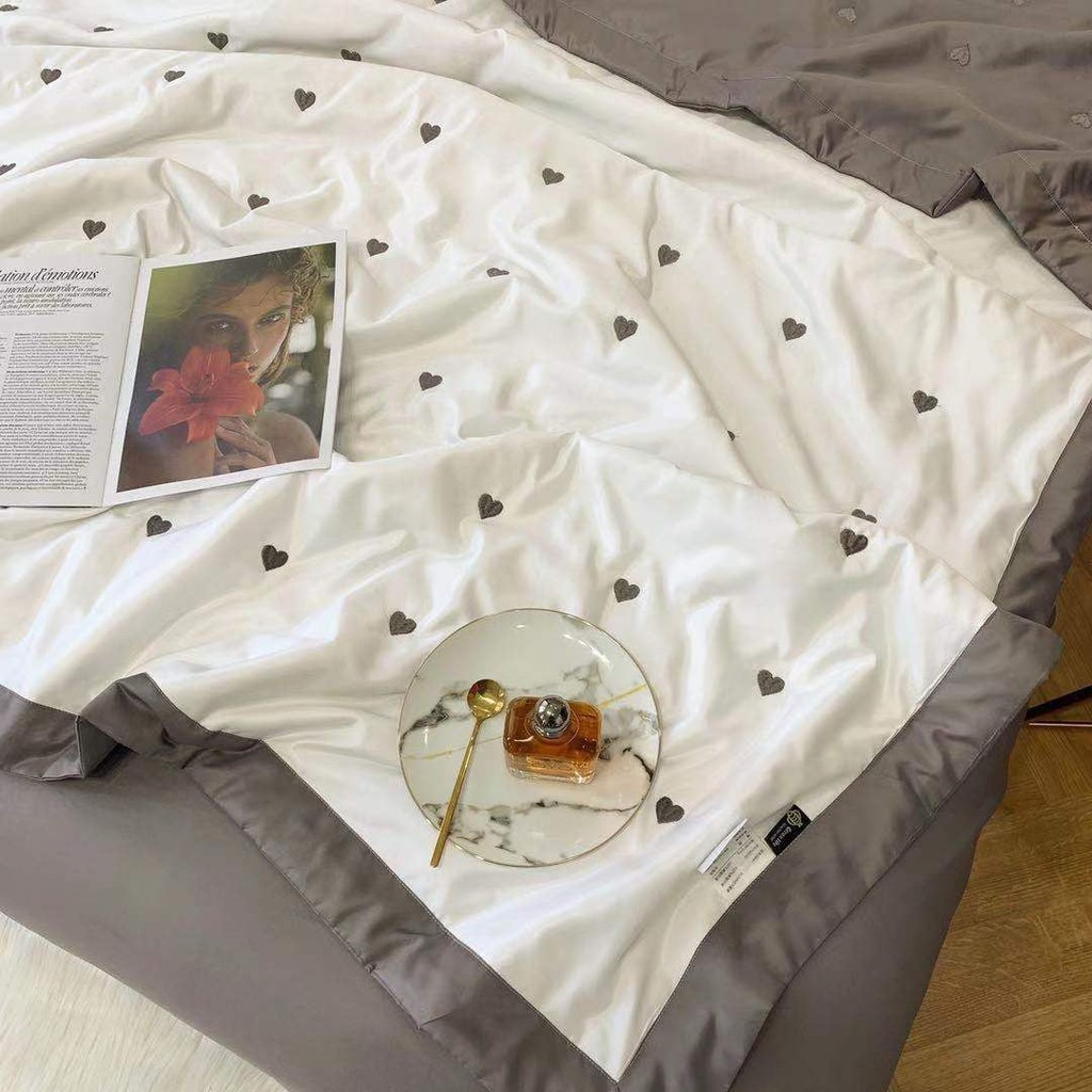 Bộ chăn chần hè - ga gối lụa tencel 60s thêu tim  thiên nhiên tơ cao cấp mát lạnh mềm mịn - ghi