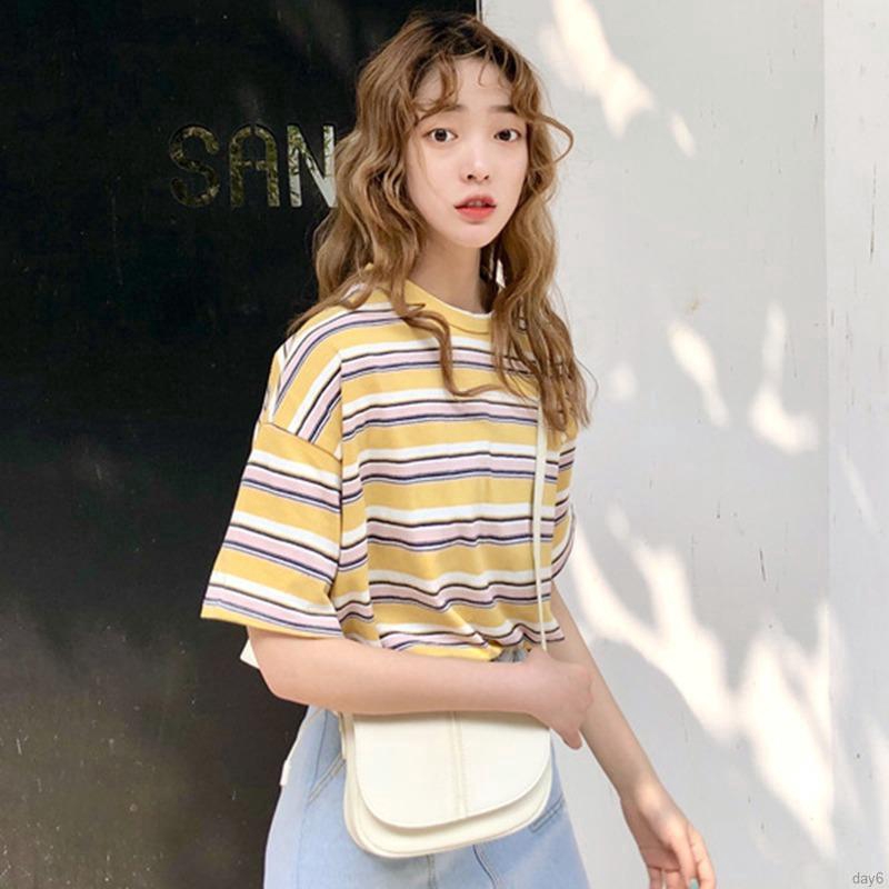 Áo thun nữ ngắn tay cổ tròn sọc ngang thời trang Hàn Quốc