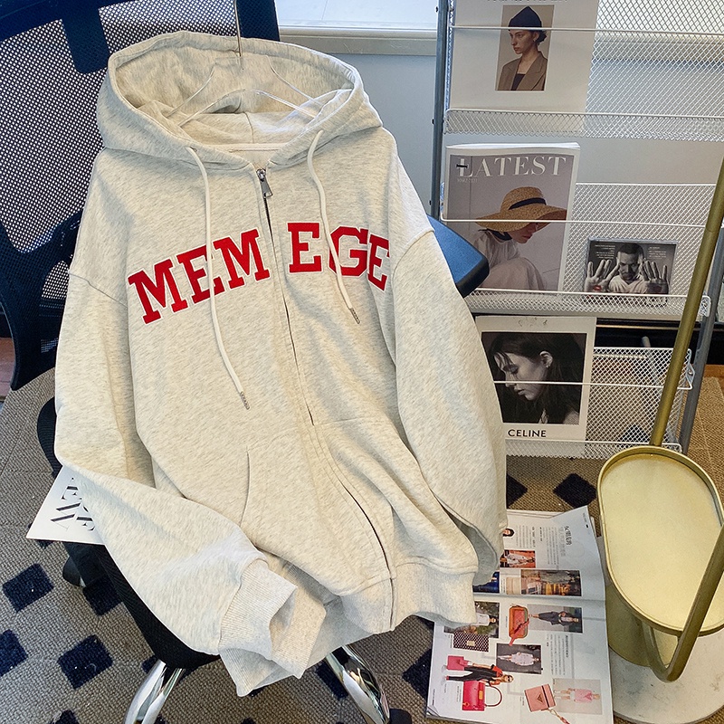 ZHELIHANGFEI Áo Hoodie Tay Dài Form Rộng Họa Tiết Thêu Theo Phong Cách Preppy Mỹ