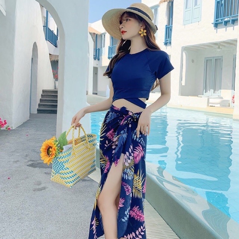Bộ đồ bơi, bộ tắm đi biển bikini 3 mảnh áo croptop kèm khăn voan 8107