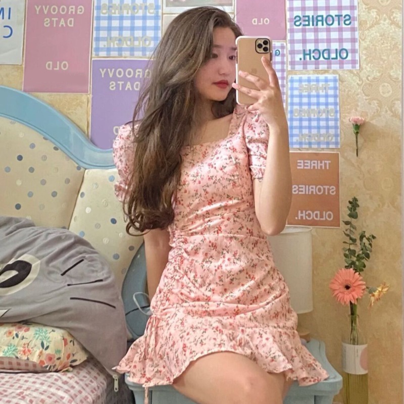 đầm hồng váy ngắn đầm hoa nhí vintage váy voan hoa nhí đầm tay phồng đầm cổ vuông đầm hở lưng đầm bigsize nữ váy nữ xinh váy đi chơi đầm đi tiệc đầm nữ