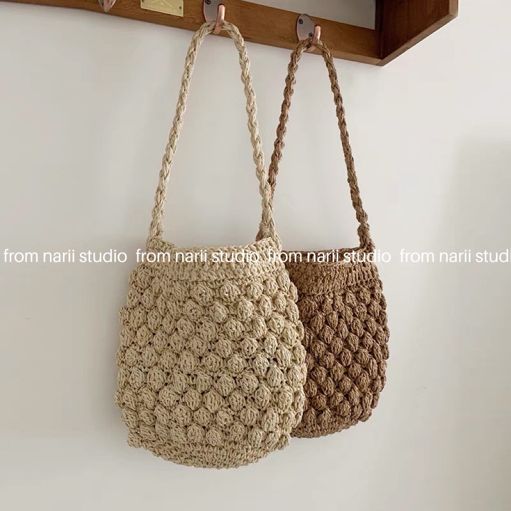Túi cói đi biển vintage NARII túi cói du lịch nữ Hàn Quốc hình trụ nâu