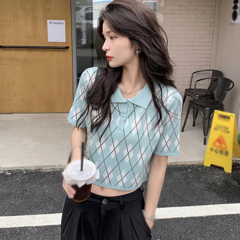 Áo Croptop Dệt Kim Tay Ngắn Kẻ Sọc Ca Rô Kiểu Hàn Quốc Dễ Thương Cho Nữ | BigBuy360 - bigbuy360.vn