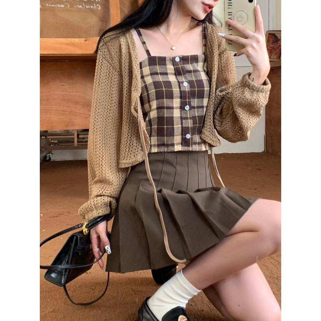 Áo Hai Dây Sọc Ca Rô / Áo Khoác Cardigan / Chân Váy Chữ A Dài Tay Lưng Cao Xếp Ly Thời Trang Retro Sành Điệu 54050
