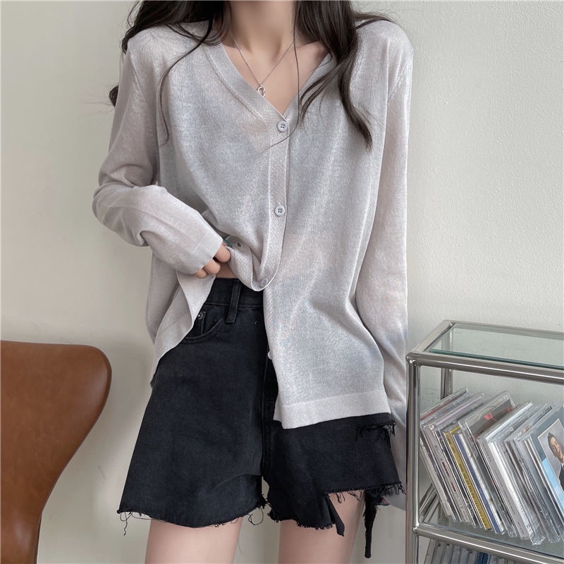 Jiashucheng Áo Cardigan Dệt Kim Tay Dài Chống Nắng Phong Cách Xuân Hè Thoáng Khí Mỏng Cho Nữ v-Ne