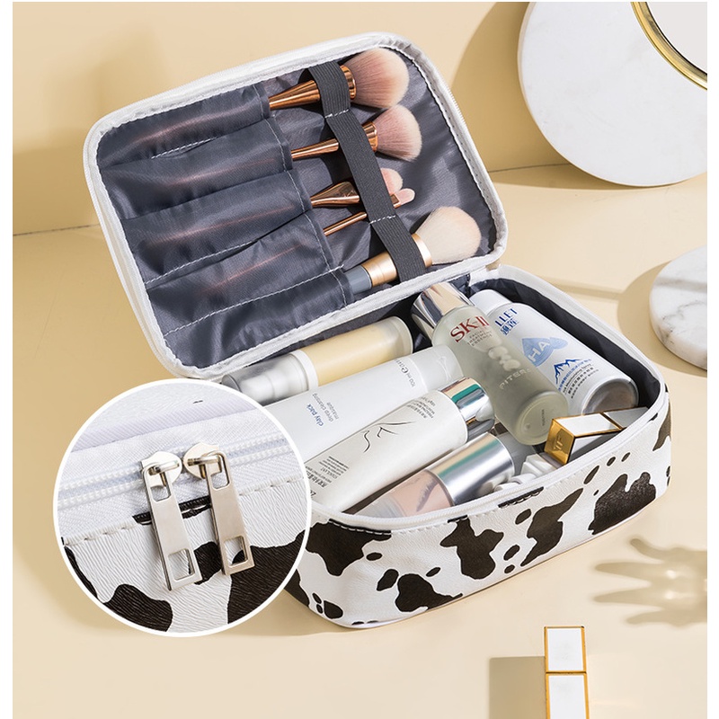 Túi Đựng Mỹ Phẩm Da PU Cỡ Lớn Họa Tiết Bò Sữa Độc Đáo Thời Trang