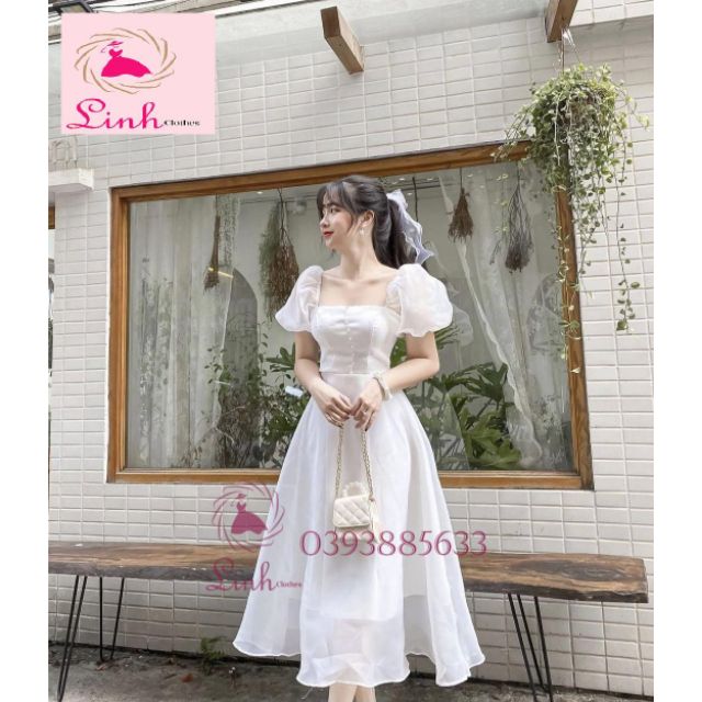 Váy trắng dự tiệc tiểu thư tay phồng cổ vuông | BigBuy360 - bigbuy360.vn