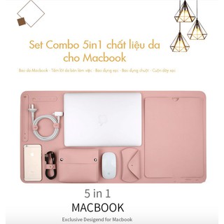 Túi đựng macbook da cao cấp 5 in 1 chất liệu PU chống nước (Màu Hồng) - Skylife