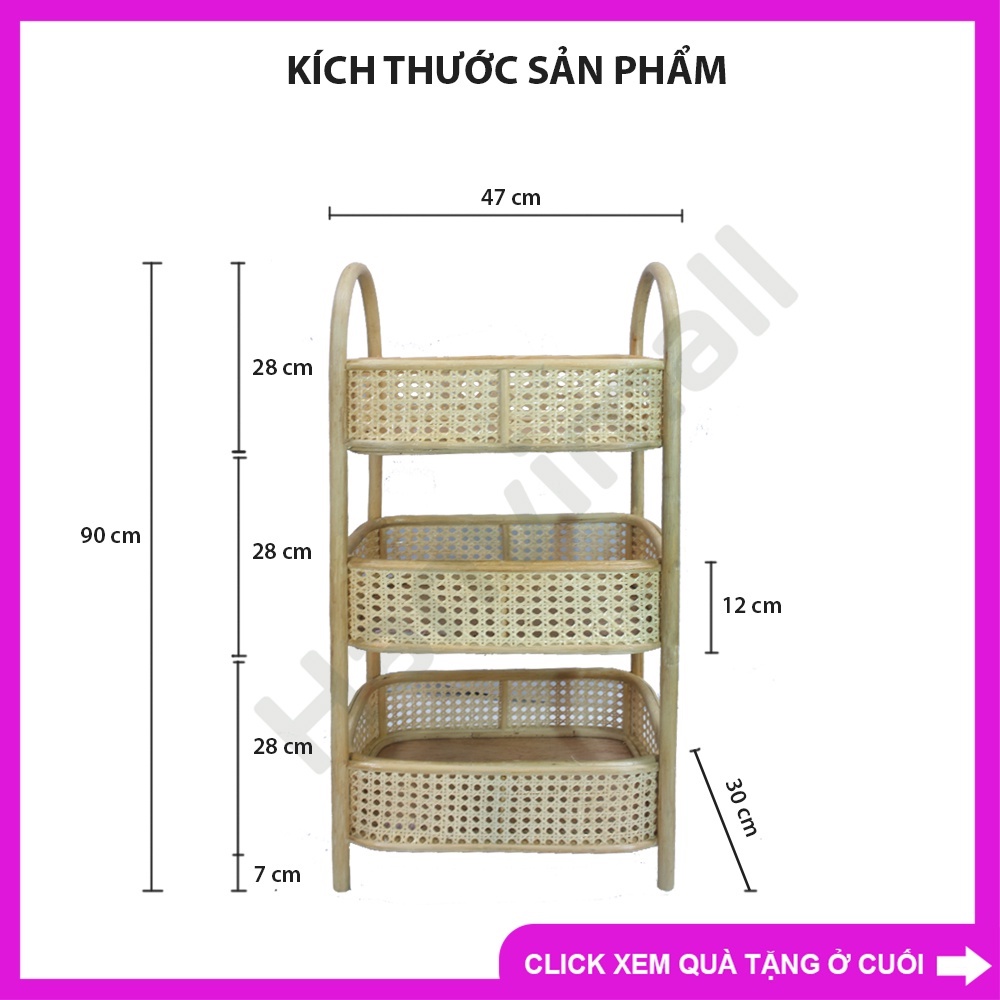 Kệ đựng đồ 3 tầng làm từ mây Kệ mây thủ công loại lớn 90x47x30 Kệ mây xuất khẩu